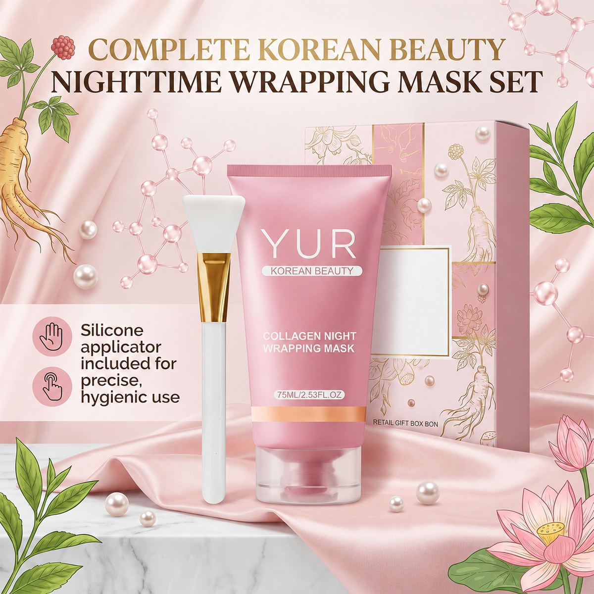 YUR Korean Beauty - 'GLASS SKIN' Overnight Collagen Wrapping Peel-Off Mask w/Brush