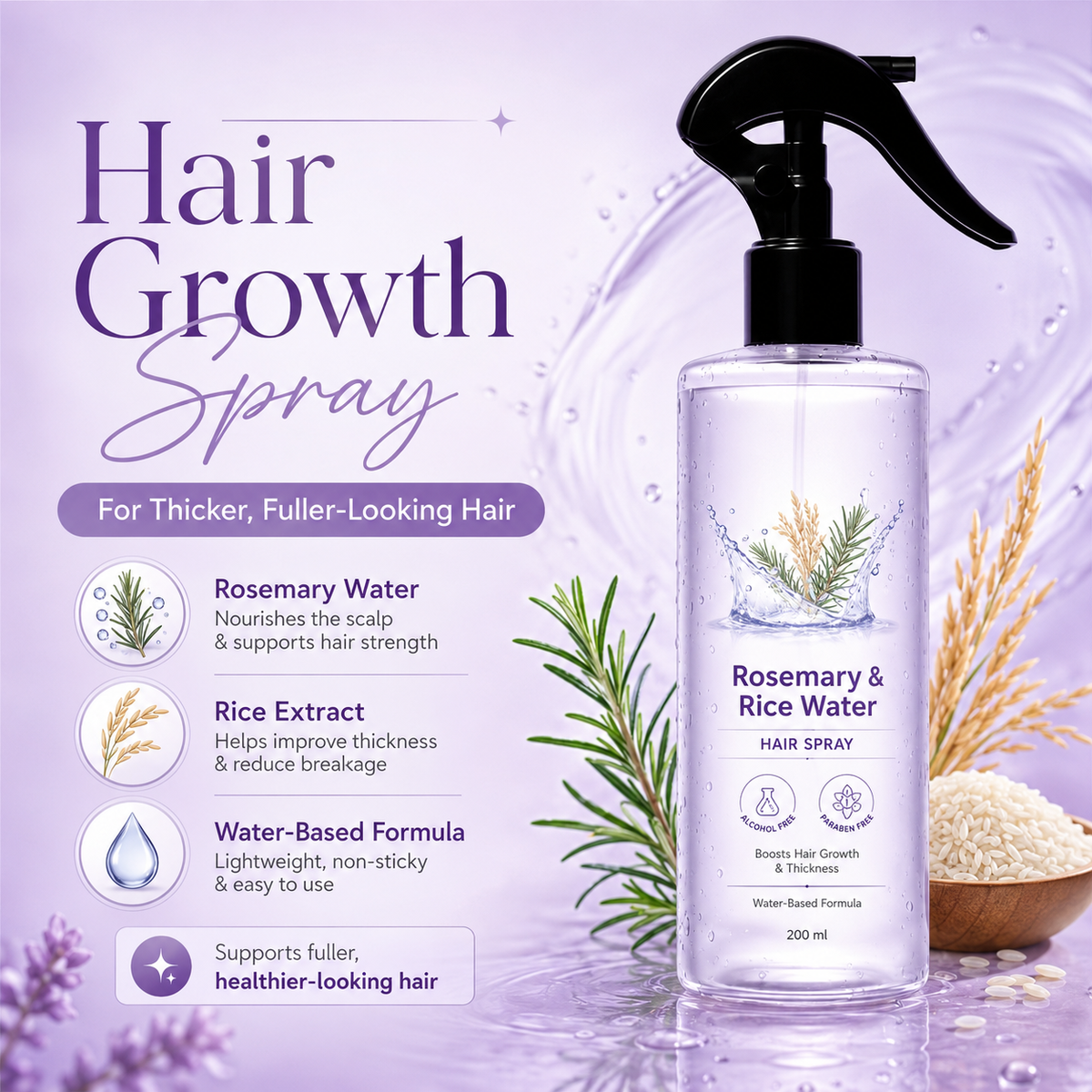 LUXGROWTH Rosemary & Rice Water Hair Growth Spray | Lightweight - Thicker and Stronger Hair